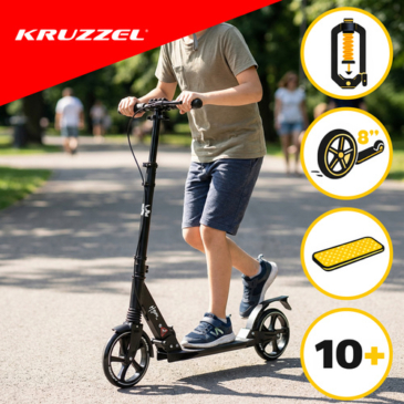 KRUZZEL Veľký čierny skladací mestský skúter s odpružením, kotúčovými brzdami a nastaviteľnou výškou riadidiel