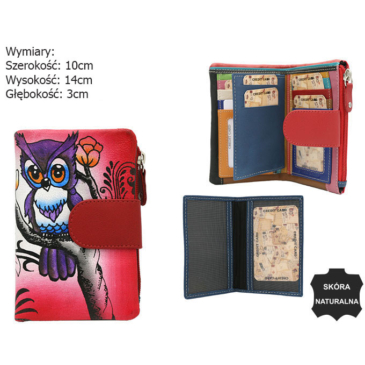 Női kézzel festett bőr pénztárca bagoly motívummal N14-SPW OWL Red No Logo