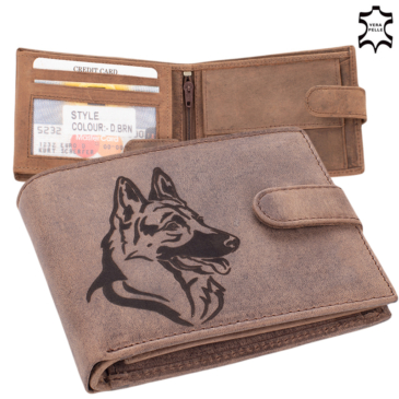 Kožená poľovnícka peňaženka v hnedej farbe so vzorom nemeckého ovčiaka s ochranou RFID 5702-dog-3