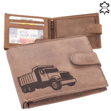 Kožená peňaženka hnedej farby so vzorom nákladného auta v darčekovej krabičke s ochranou RFID 5702-teherauto