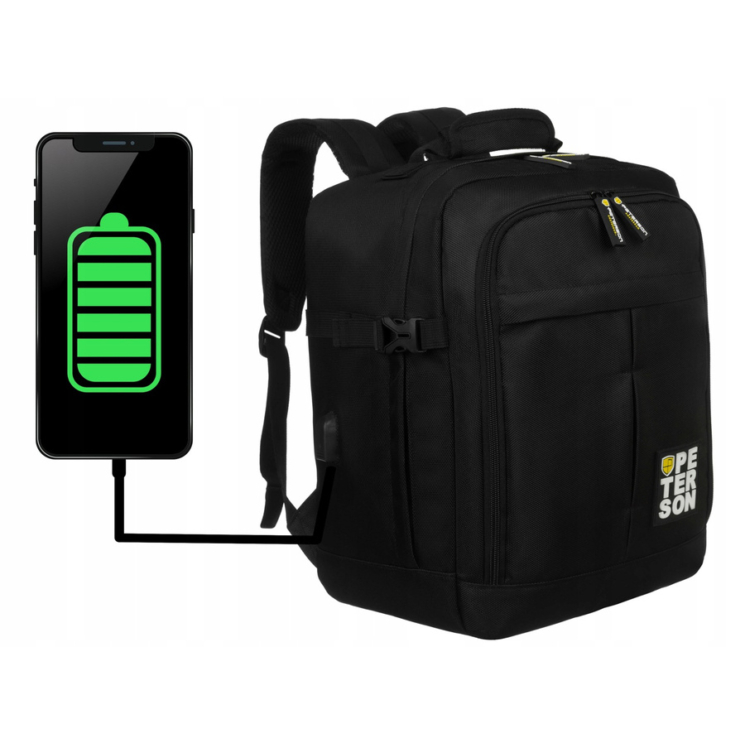 Peterson 3-funkčný cestovný batoh, WizzAir, veľkosť 40x30x20cm, čierna farba / rozšíriteľný / zástrčka USB