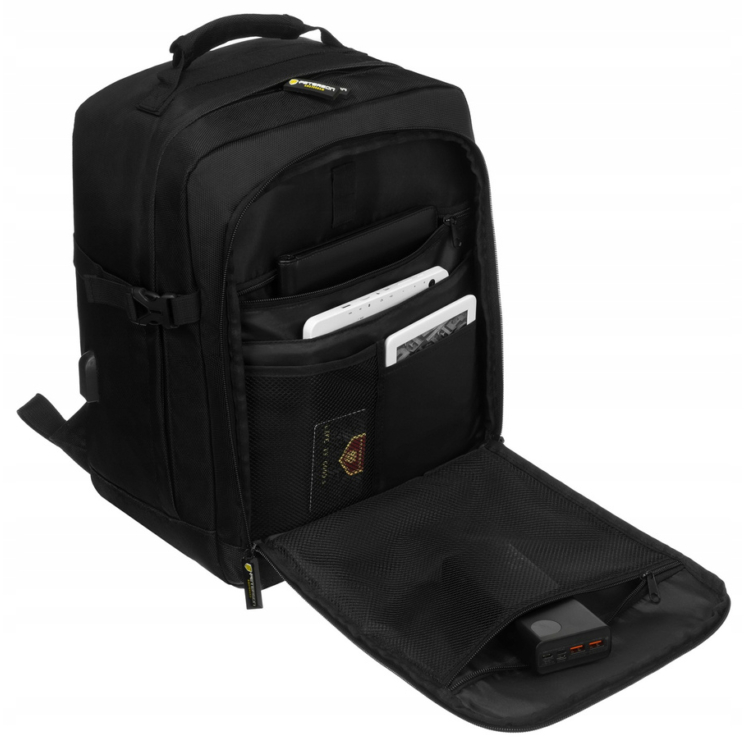 Peterson 3-funkčný cestovný batoh, WizzAir, veľkosť 40x30x20cm, čierna farba / rozšíriteľný / zástrčka USB