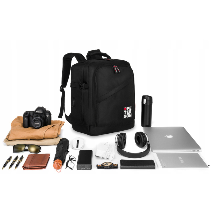 Peterson 3-funkčný cestovný batoh, WizzAir veľkosť 40x30x20cm, čierno-červená farba / USB konektor