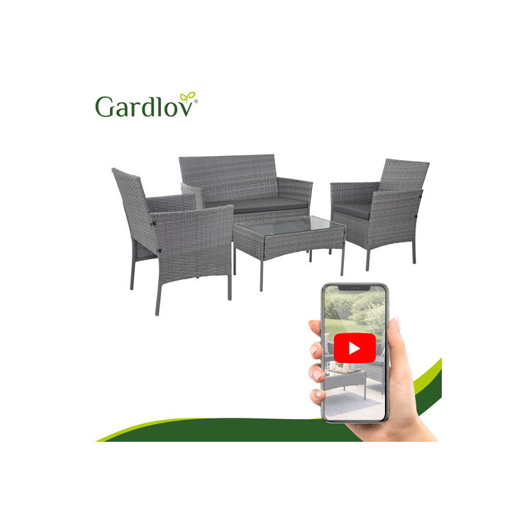 Čierny technoratanový záhradný nábytok Gardlov – sada pozostávajúca z 2 stoličiek, pohovky, stola so sklenenou doskou a vankúšov