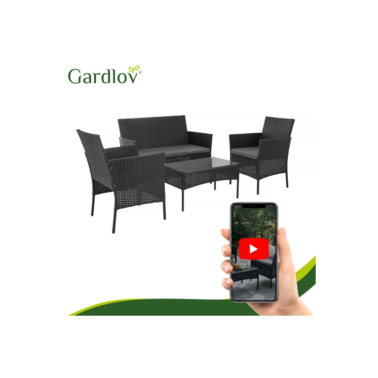Čierny technoratanový záhradný nábytok Gardlov – sada pozostávajúca z 2 stoličiek, pohovky, stola so sklenenou doskou a vankúšov