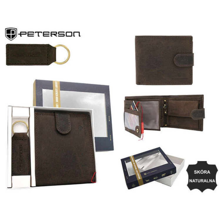 Darčeková súprava: kožená peňaženka a kľúčenka PETERSON PTN PTN SET-M-N992L-CHM Brown