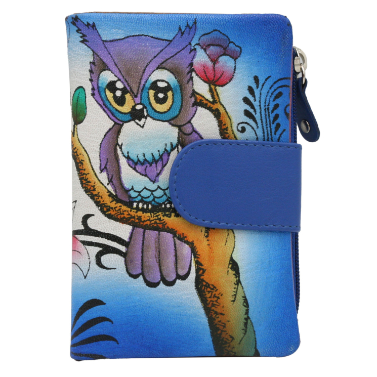 Dámska ručne maľovaná kožená peňaženka s motívom sovy N14-SPW OWL Blue No Logo
