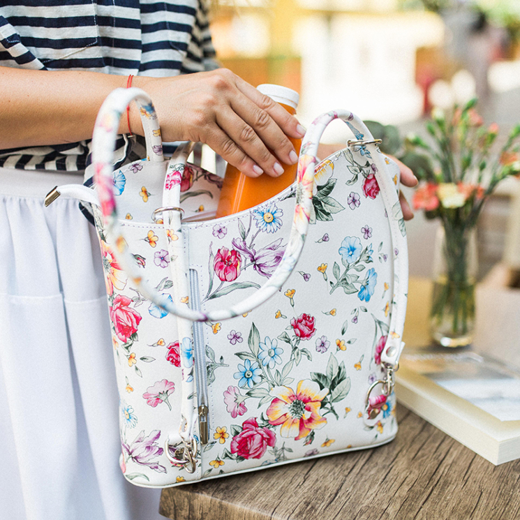 FAIRY Dámska taška cez rameno z pravej kože s kvetinovým vzorom