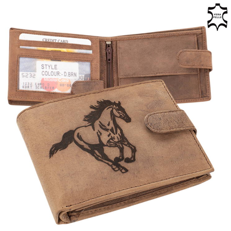 Kožená peňaženka hnedej farby s jazdeckým vzorom a ochranou RFID 5702-horse